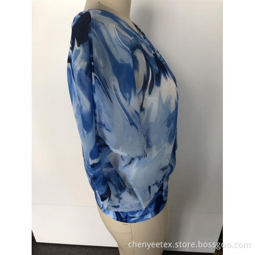Tie-dyed chiffon top with round collar